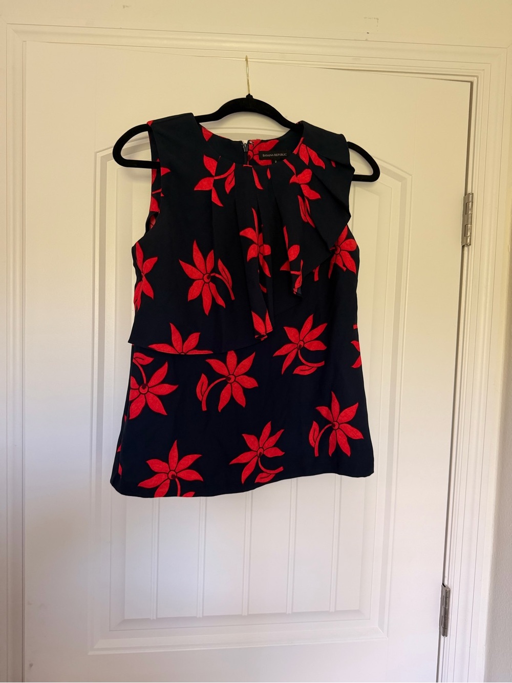 Banana Republic Navy Sleeveless Top with Red Floral Motif